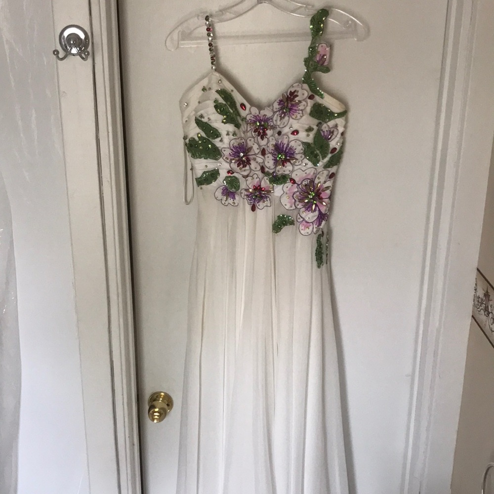 White, hand-sewn and designed prom dress